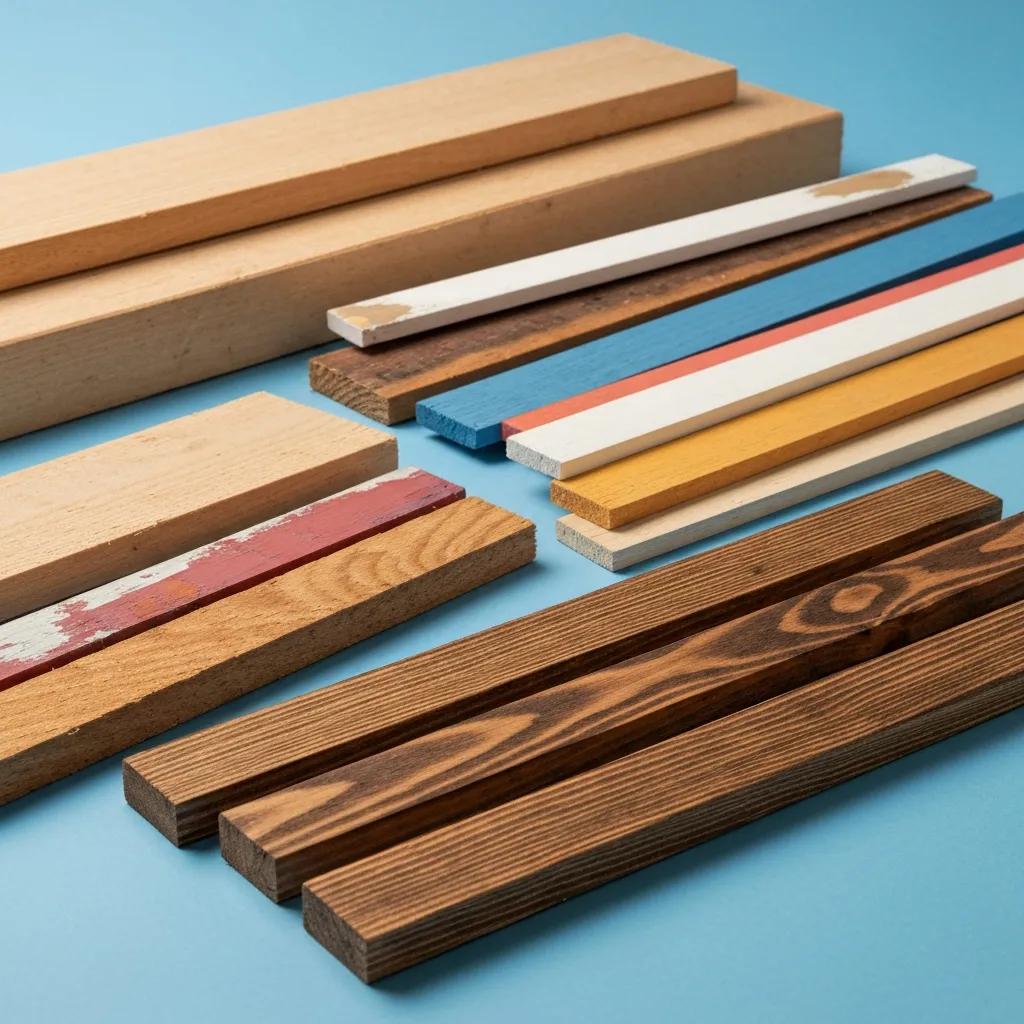 Different types of wood waste including untreated lumber, painted wood, and treated wood