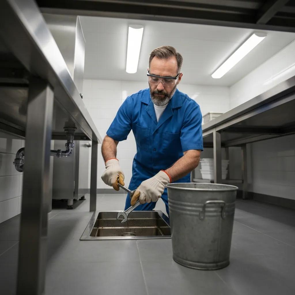 Person performing routine maintenance on a small grease trap to enable oil recovery