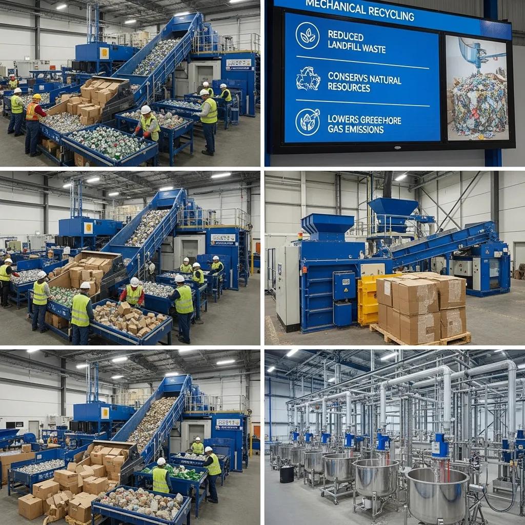 Workers engaged in mechanical and chemical recycling processes with various recyclable materials