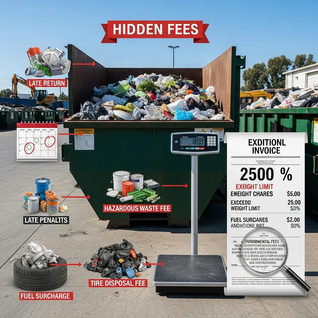Graphic showing invoices, scales, and common dumpster fees for clear invoice auditing