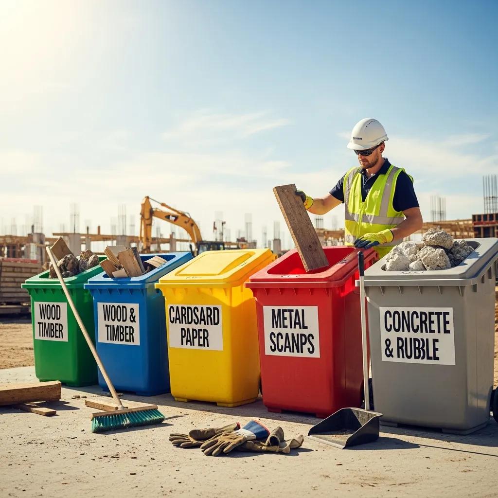 Construction site with labeled bins and clear segregation practices to reduce contamination fees