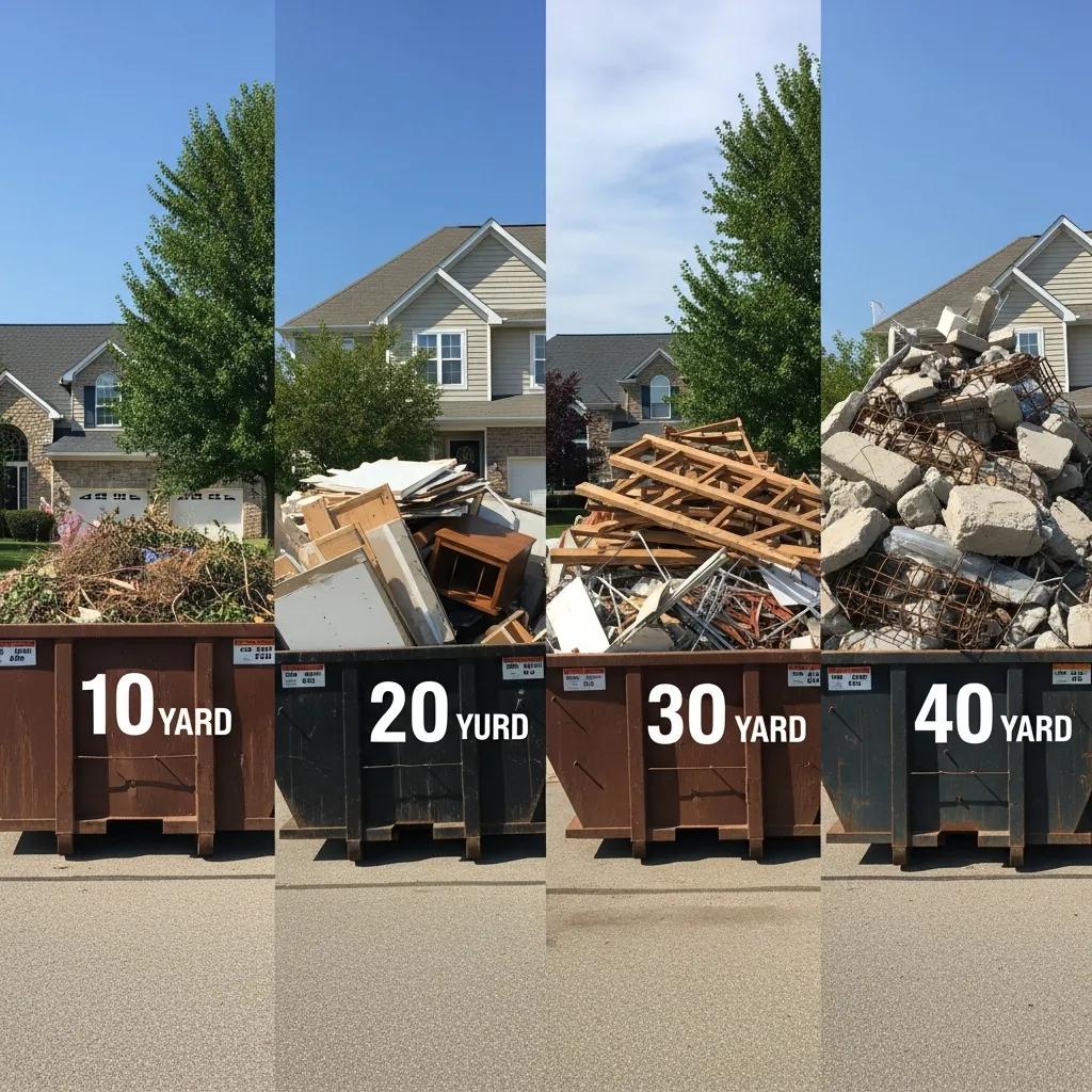 Lineup of different dumpster sizes in a residential setting showing capacity and typical debris