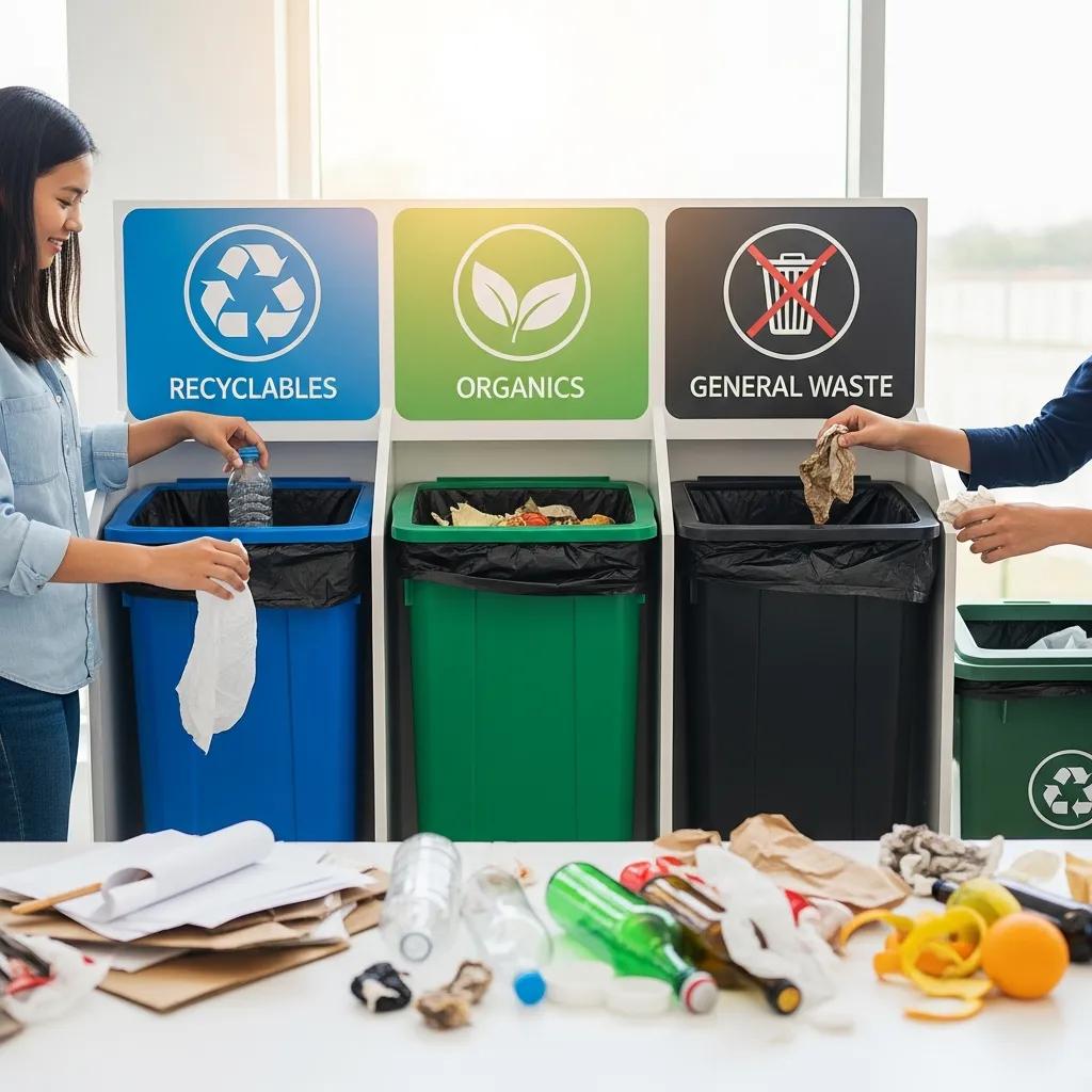 Waste sorting station with labeled bins for recyclables, organics, and general waste, showcasing effective solid waste treatment methods