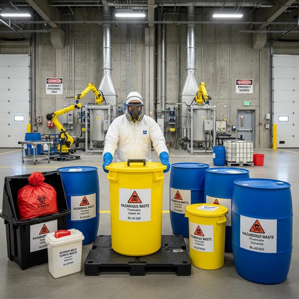 Technician safely handling hazardous waste in a licensed disposal facility with specialized containers and proper labeling