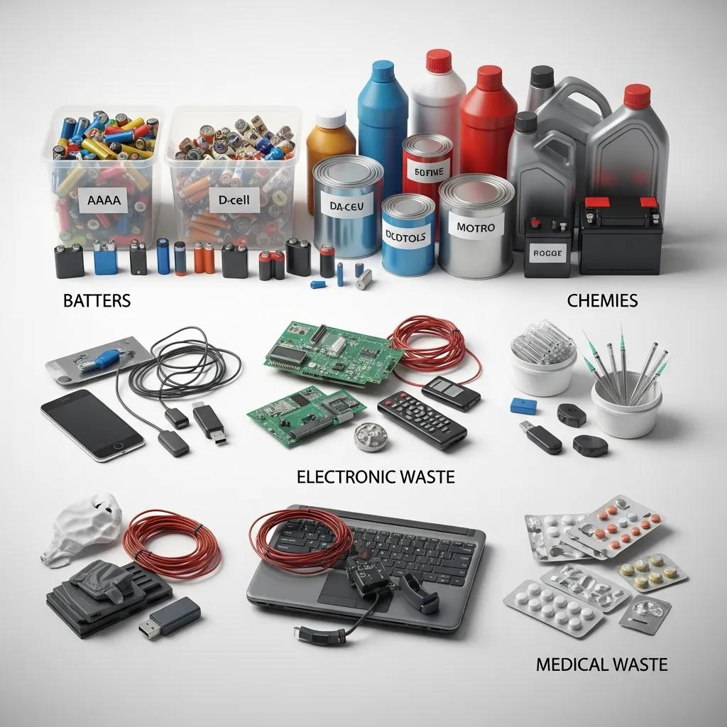 Assorted hazardous waste: batteries, chemicals and e‑waste