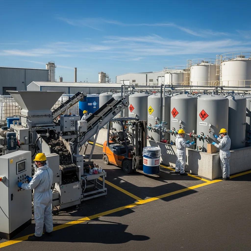 Site workers handling hazardous waste at a treatment and disposal facility