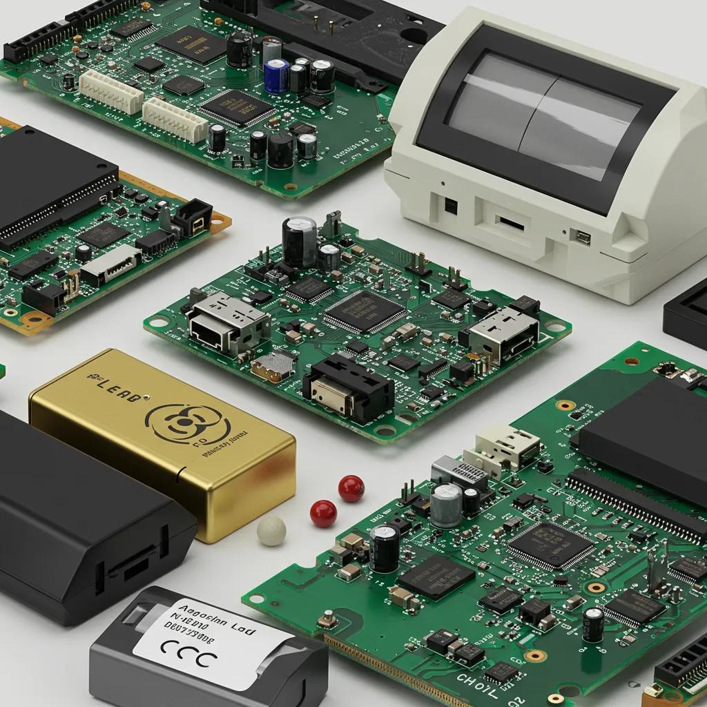 Close-up view of hazardous materials in electronic waste, including circuit boards and batteries, highlighting environmental risks