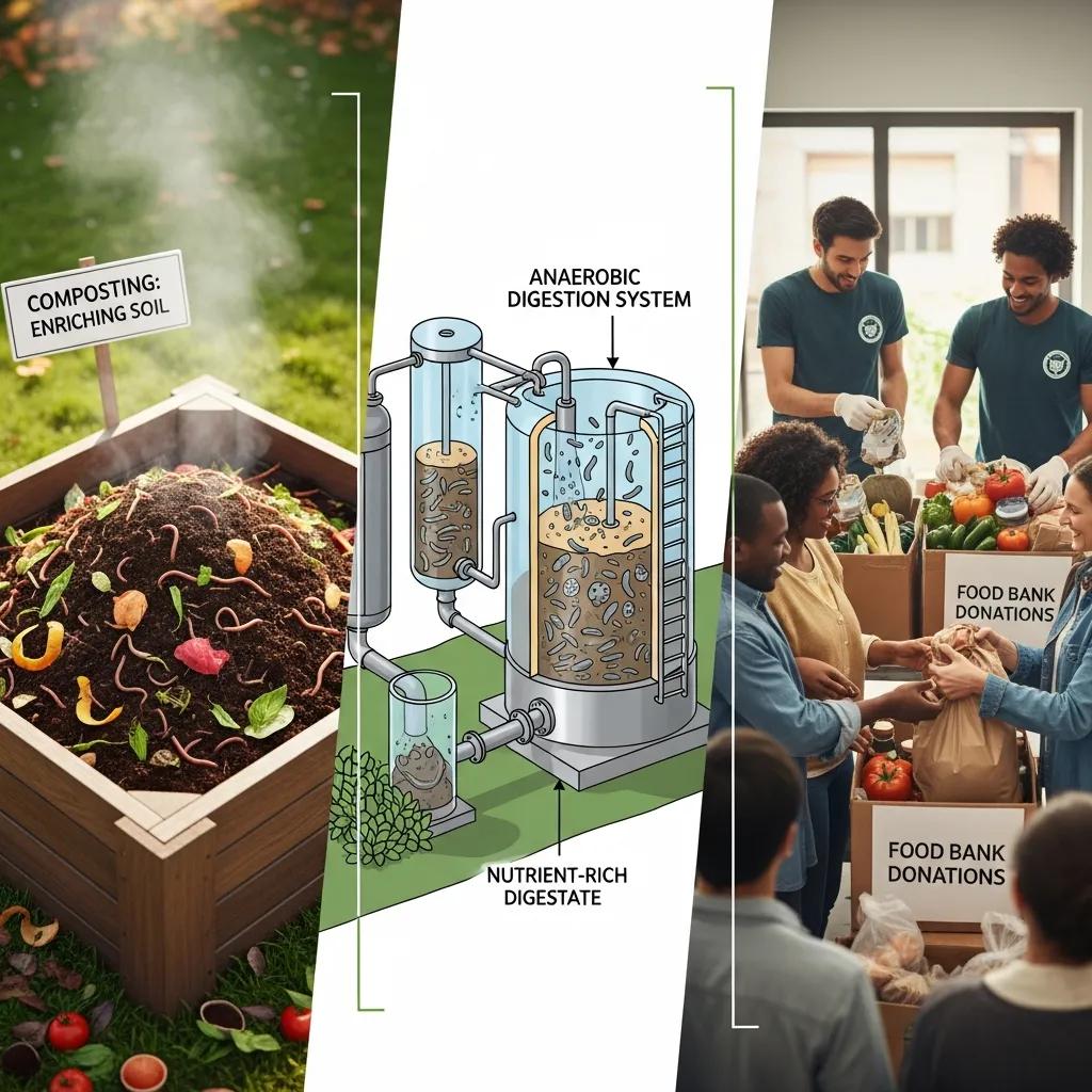 Graphic showing composting, anaerobic digestion, and donation as sustainable food-waste solutions