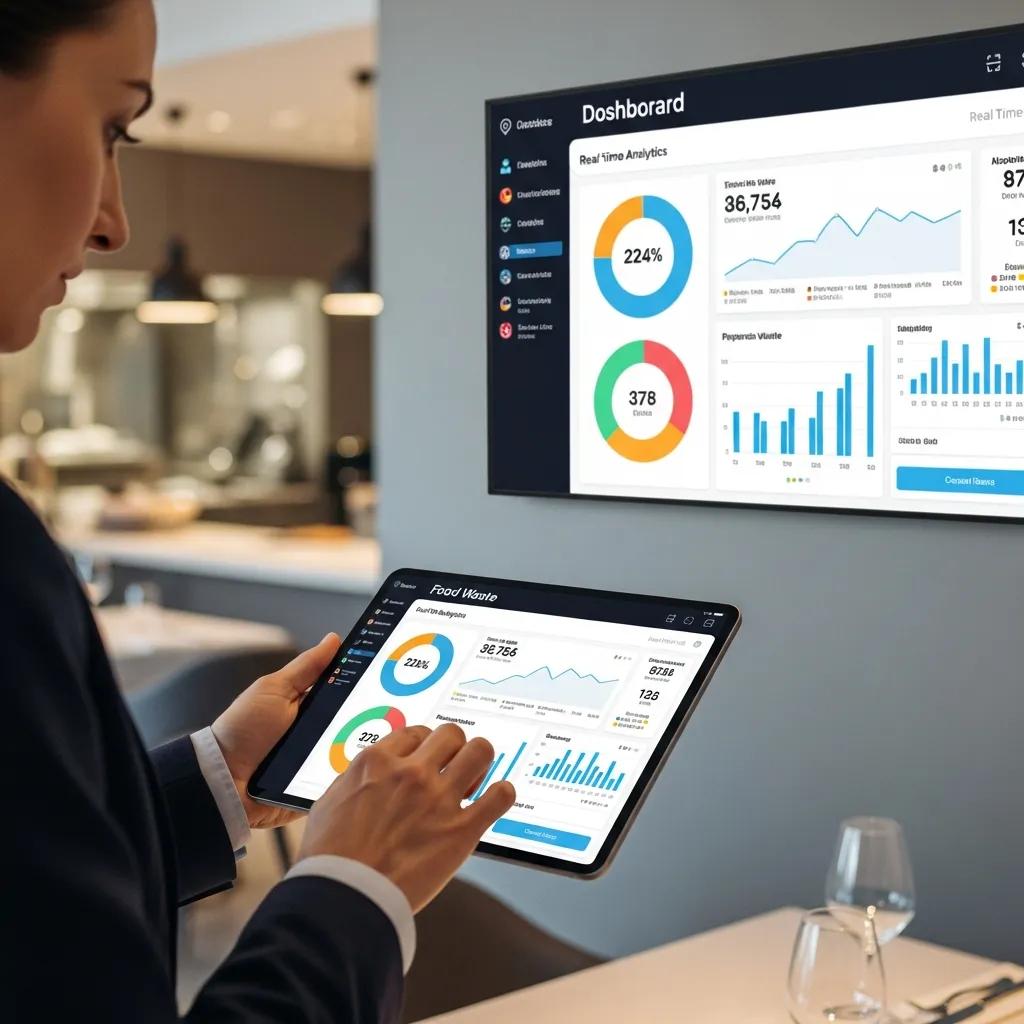 Operations manager using a tablet to track food-waste data across sites — technology enabling sustainability