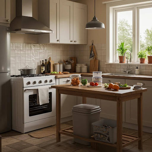 Cozy kitchen with energy-efficient appliances and family practicing sustainable cooking