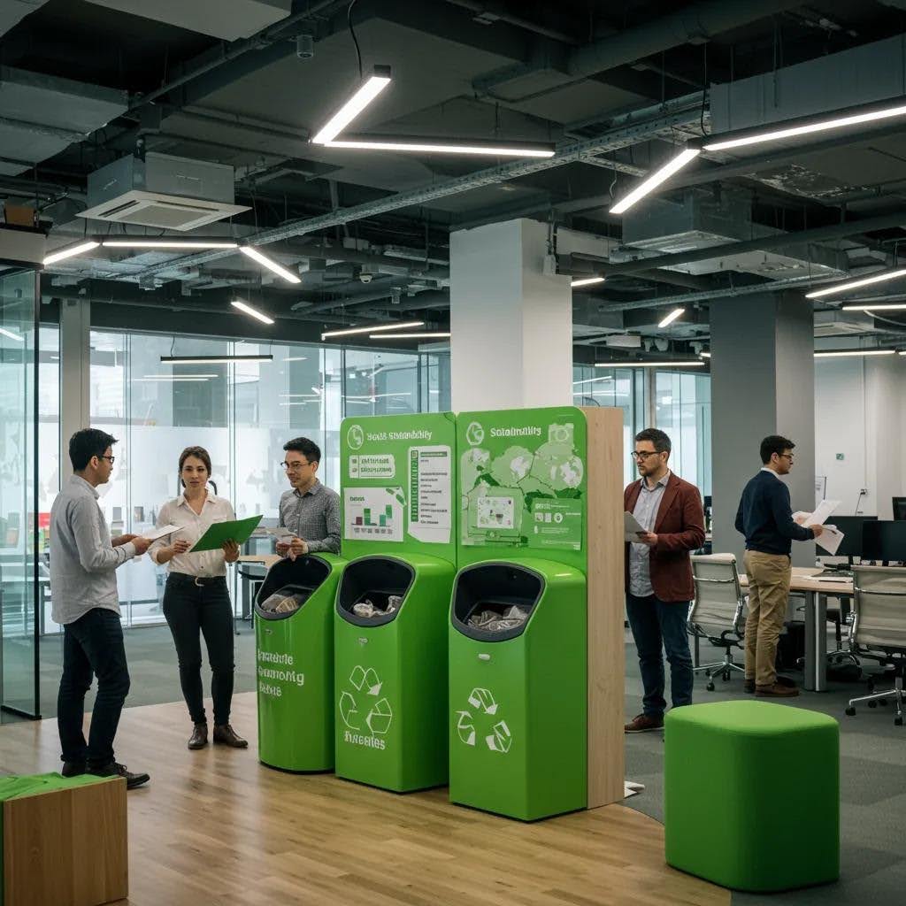 Modern office with employees collaborating on sustainability initiatives and eco-friendly practices