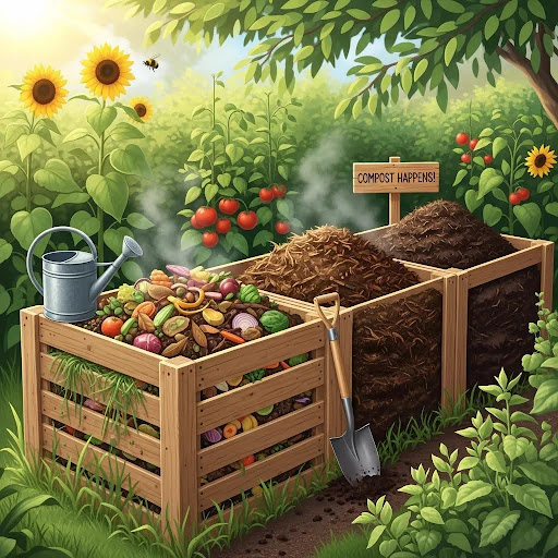 Compost bin with food scraps and yard trimmings in a sunny backyard