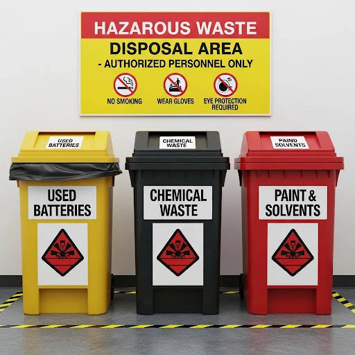 Designated drop-off area for household hazardous waste with clear labels for safe disposal
