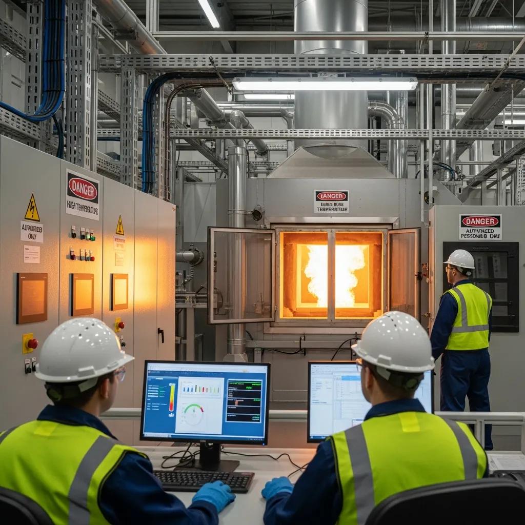 Incineration process for hazardous waste with workers monitoring safety measures