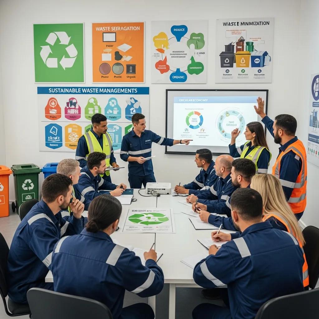 Industrial workers participating in a training session on sustainable waste management practices