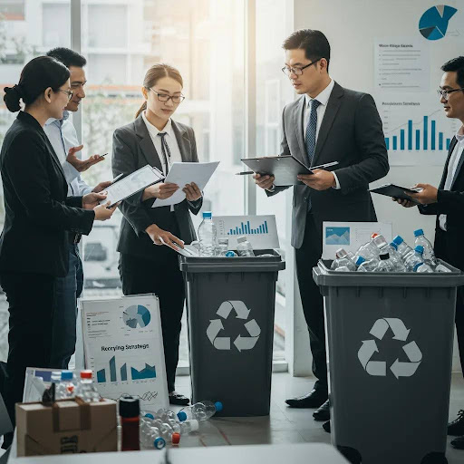 Business representatives collaborating on recycling strategies with visual metrics in a professional setting