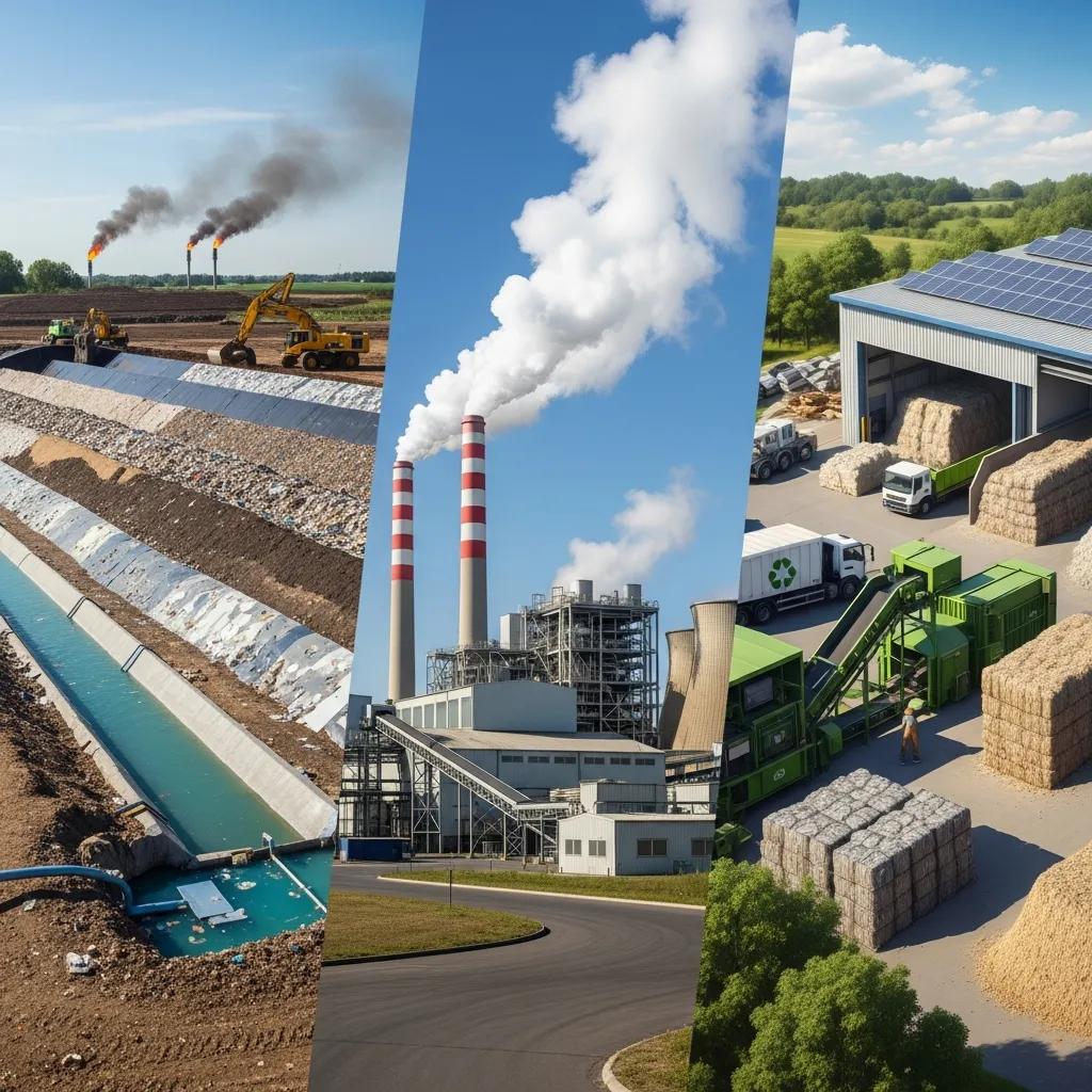 Illustration of common solid waste disposal methods: landfill, incineration, and recycling center