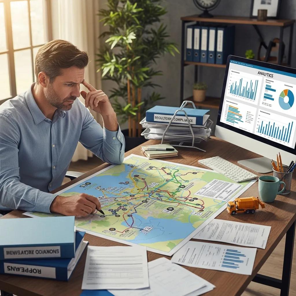 Manager reviewing maps and data to solve multi-location waste challenges