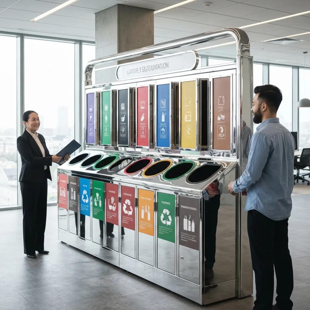 Well-designed waste segregation station with color-coded bins and employees actively sorting waste