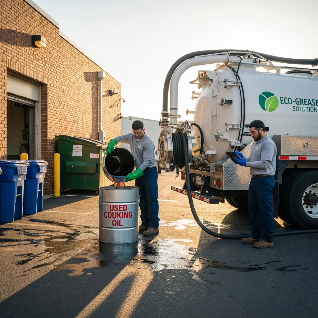 Technician collecting used cooking oil during a professional grease recycling pickup