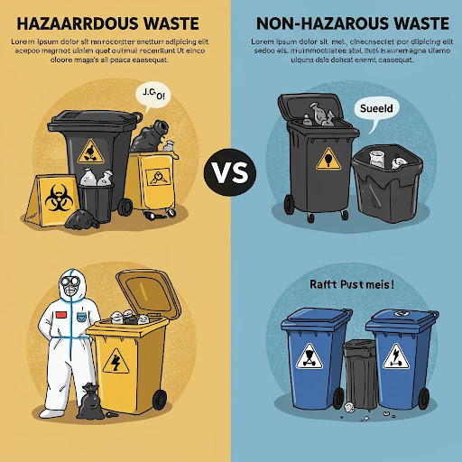 Contrast between hazardous waste containers with warning labels and standard non-hazardous waste bins, highlighting safety and compliance
