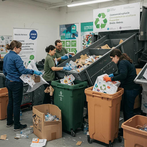 Employees actively participating in a commercial recycling program, sorting recyclable materials to promote sustainability