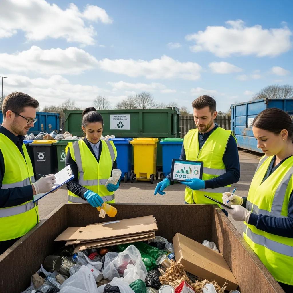 Audit team reviewing waste containers and records at a collection site