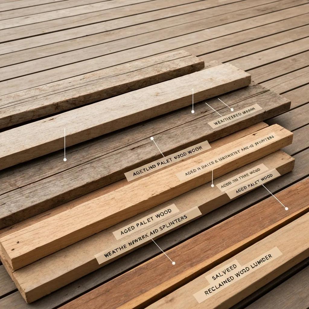 Assorted reclaimed lumber—barn boards, pallet slats, and salvaged beams—showing distinct surface character