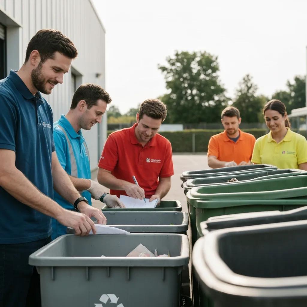 Field team performing a waste stream audit at a commercial property with containers and recycling bins