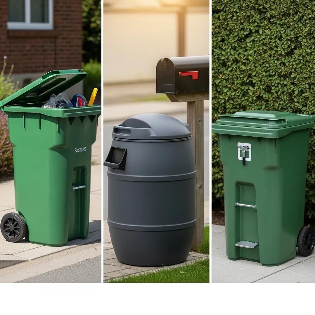 Outdoor garbage cans: wheeled carts, stationary drums, and animal-resistant containers