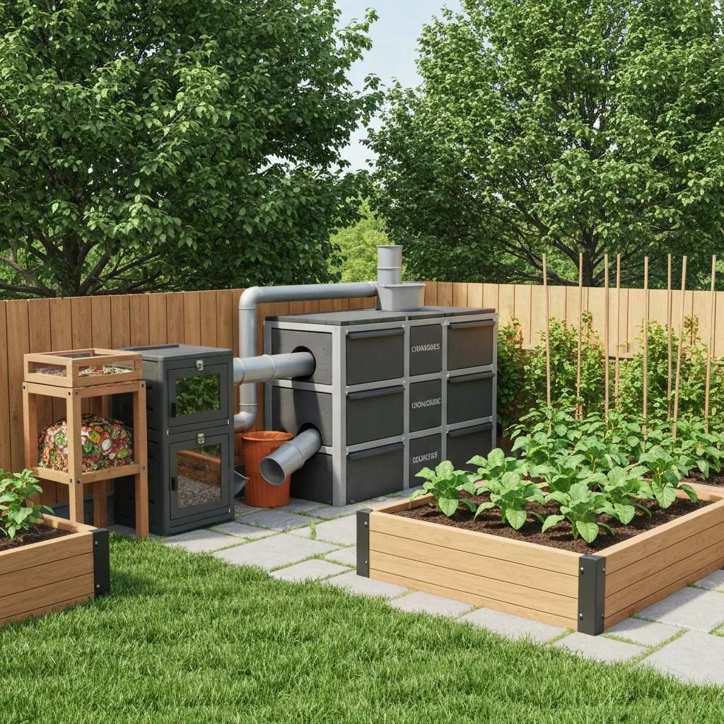 Home compost setup with kitchen scraps and yard trimmings in a compost bin