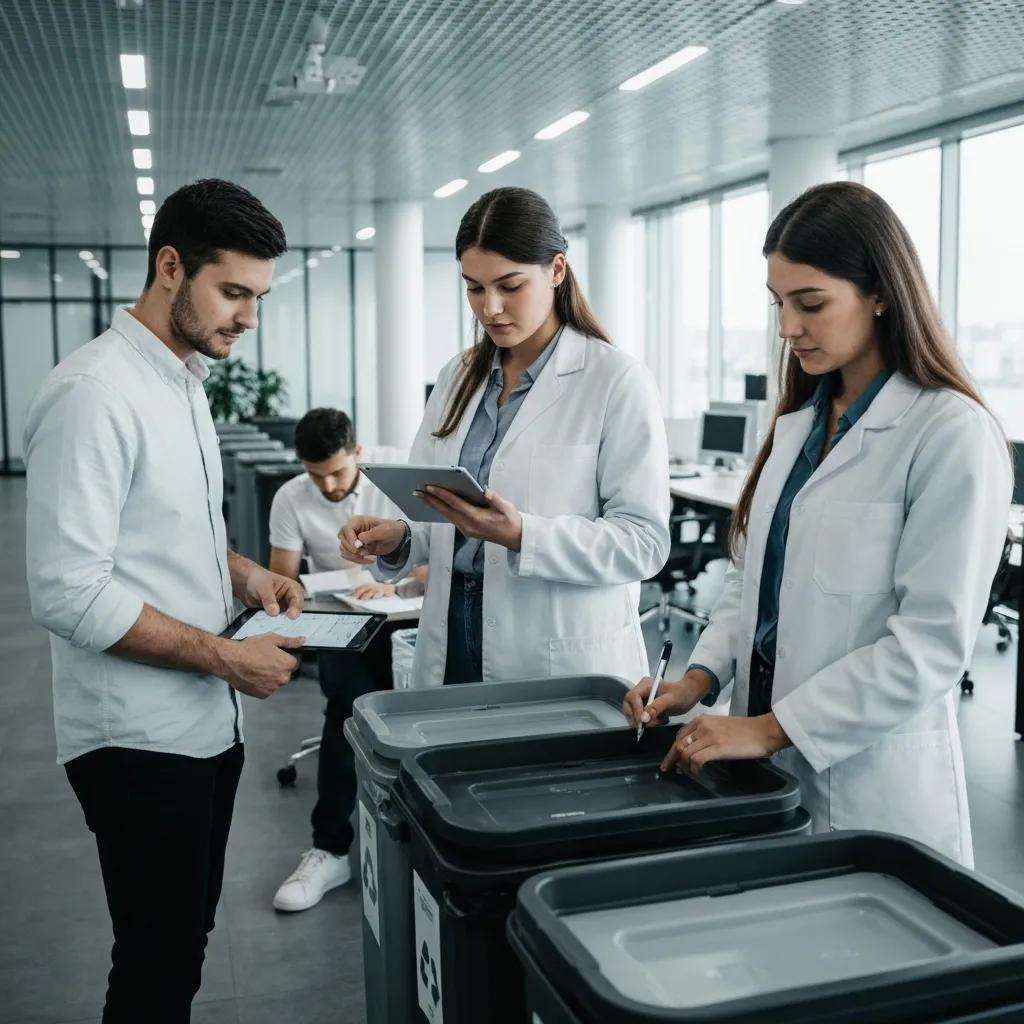 Team performing a waste audit at a commercial site, examining containers