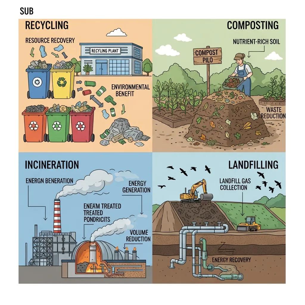 Visual comparison of recycling, composting, incineration, and landfilling methods in waste management