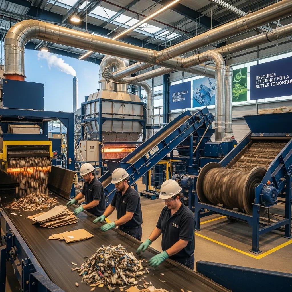 Workers implementing resource recovery techniques in an industrial waste management facility