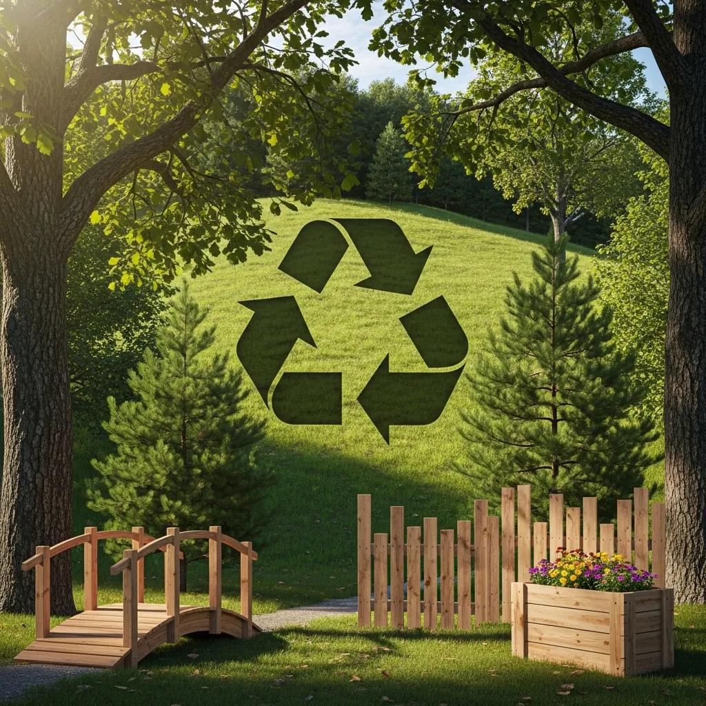 Graphic showing the environmental benefits of recycling wood with a green landscape and recycling icon