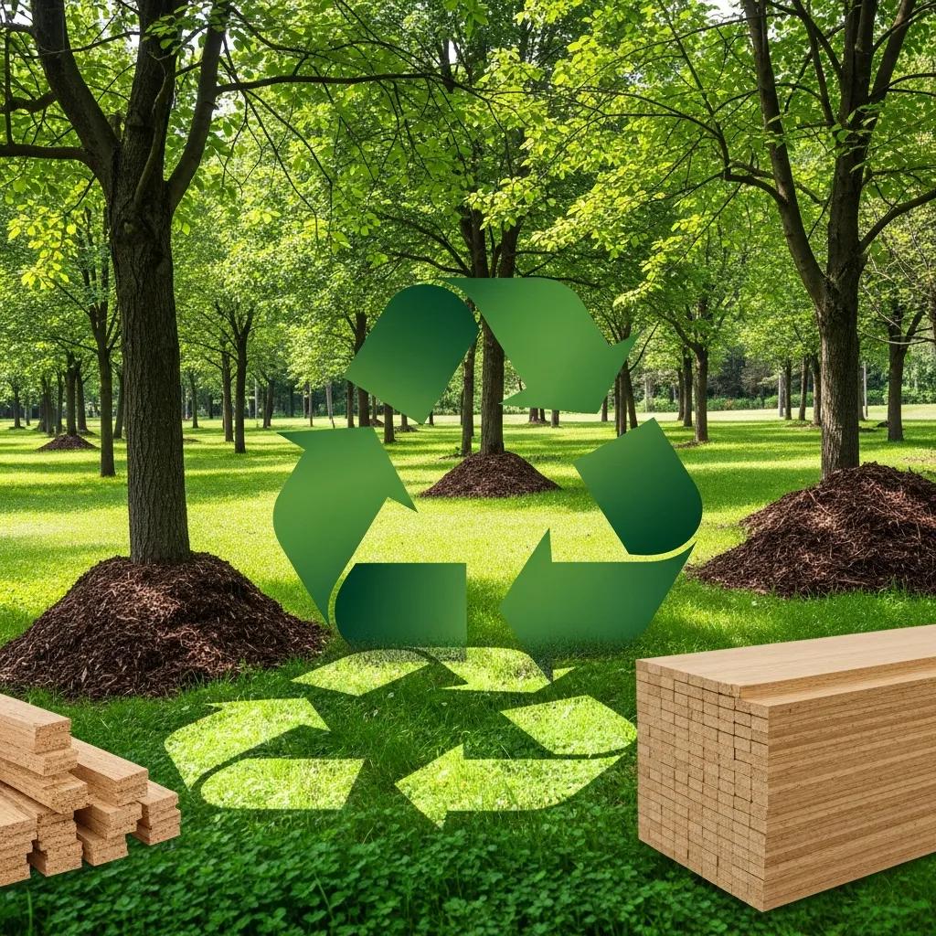 Illustration of environmental benefits of wood recycling with trees, recycling symbol, and wood products