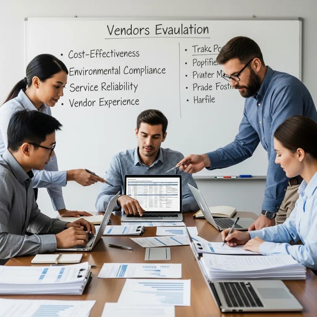 Procurement team evaluating vendor proposals for wood recycling services at a conference table