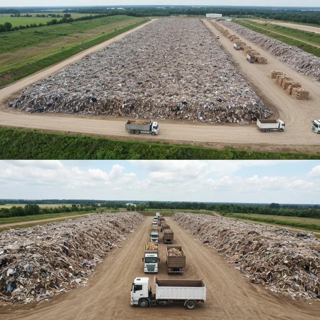 Contrast between a landfill and a wood recycling area showing the benefits of diversion